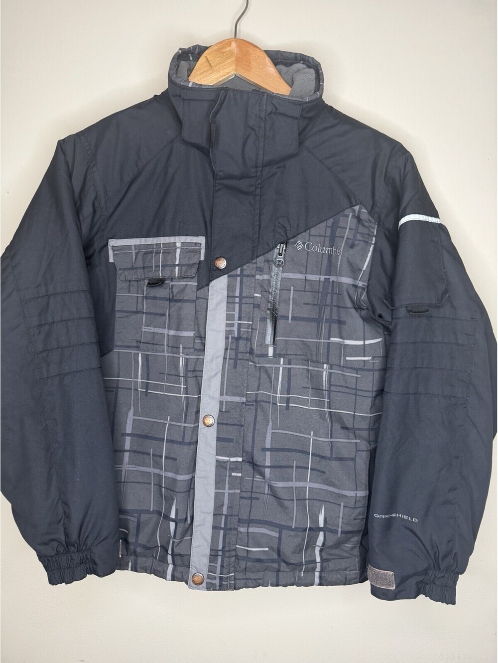Columbia Water Resistant Boys Med 10/12 Insulated Jacket Black Gray Winter Coat
